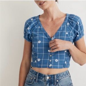 Madewell Blue Windowpane Embroidered Puff-Sleeve Crop Top